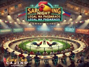 Dalawang napakalaking manok na nagkaharapan habang napakaraming tao sa paligid na nakatingin sa dalawang magigiting na manok na ulitmong nagdadaos ng legal na pagdiriwang na sabong night.