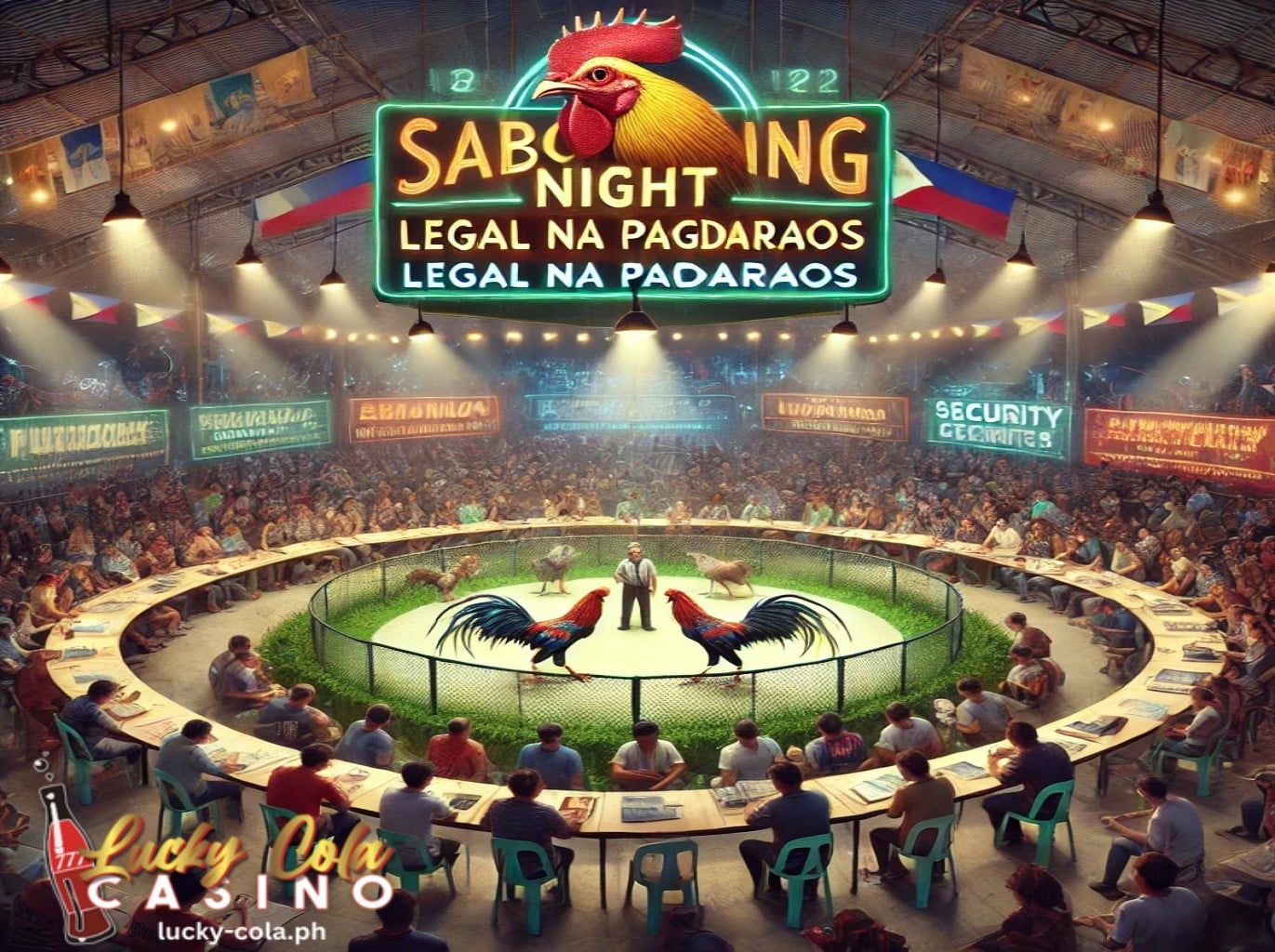 Dalawang napakalaking manok na nagkaharapan habang napakaraming tao sa paligid na nakatingin sa dalawang magigiting na manok na ulitmong nagdadaos ng legal na pagdiriwang na sabong night.